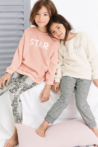 Pink/Grey Star Slogan And Cat Legging Pyjamas (3-16yrs)
